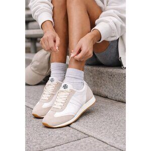 Tory Burch White Leather Suede Sneakers Size 8.5M Retro Runner Lace Up Casual